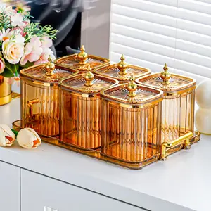 6 Sets Airtight Kitchen Canisters, Plastic Food Storage Jars for Spices, Salt, Sugar, Chili Powder, Seasoning Containers with Serving Tray for Home & Party Use