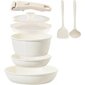 Ceramic Cookware Set Non Stick 8Pcs Pots and Pans Set Detachable Handle Induction Kitchen Cooking Set with Frying Pans Oven Dishwasher Safe, PFAS/PFOA Free, Cream White