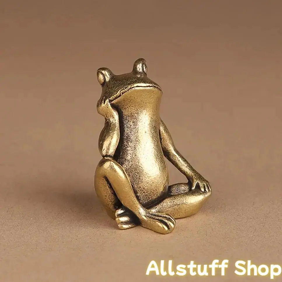 Handmade Brass Metal Frog Figurine Sculpture - Meditative Pose, Polished Glow Finish, Small Home Decor Tranquil Focal Point, Unique Handcraft Gift for Collectors