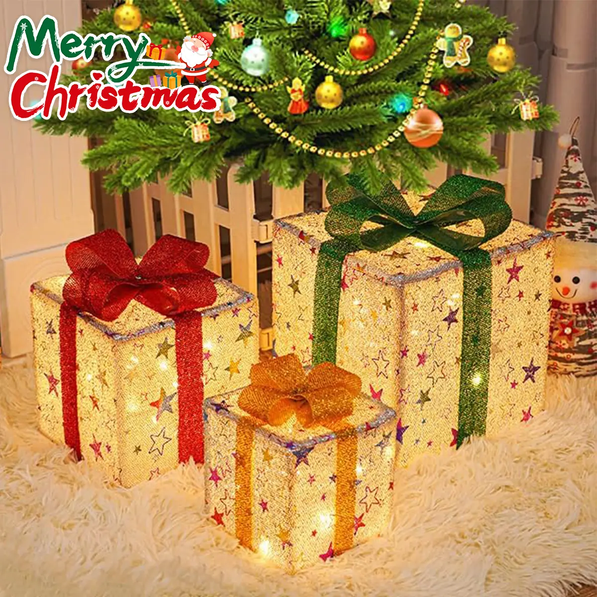 Christmas Lighted Gift Boxes Large, Set of 3 Light Up Gift Boxes for Xmas Tree, Outdoor Lighted Christmas Decorations Present Box Xmas Lighted Outdoor Display