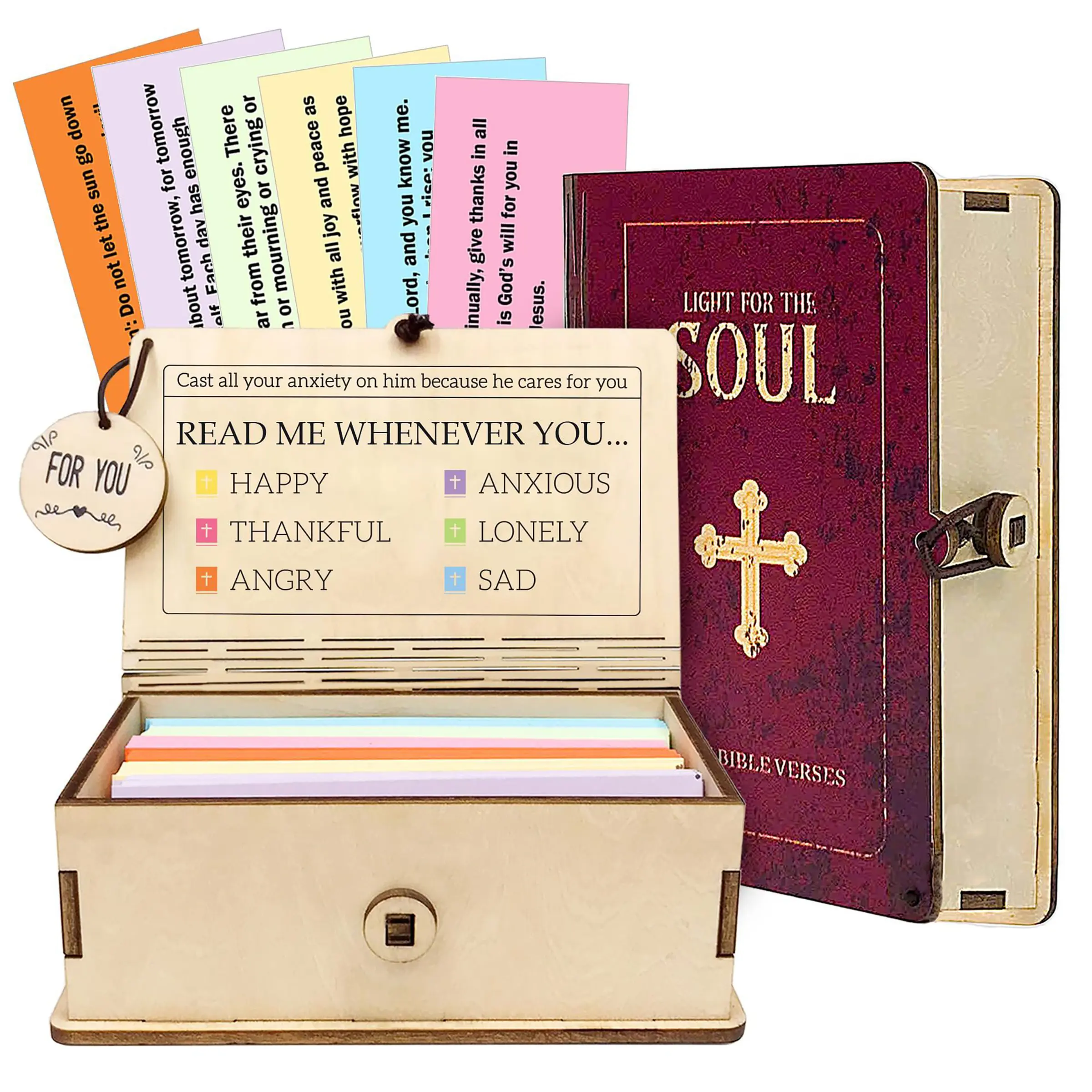 Handmade Wooden Bible Verses Box and 150 Catholic Prayer Cards，Decorative bible Verses Wooden Box for Gifts, Scripture Memory Cards for Daily Emotion and Feeling, Luxurious Wooden Box, Home Decor Box