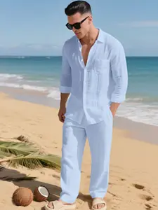 Men's Fashion British Style Linen Casual Set, Button-Down Shirt & Loose Straight-Leg Pants, High Stretch Comfortable Two-Piece