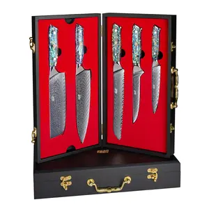 FINDKING 5 Pieces Kitchen Knife Sets, Ultra Sharp Professional 67 Layers Damascus Super Steel Chef Knives Sets with Ergonomic Resin Abalone Shell Handle, Including Chef, Bread, Nakiri, Boning & Utility Knives with Gift Box