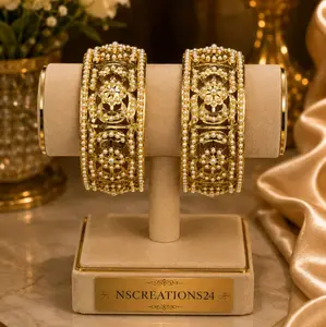 Traditional Punjabi jadau Karas in Navratan - White Pearl size 2.6