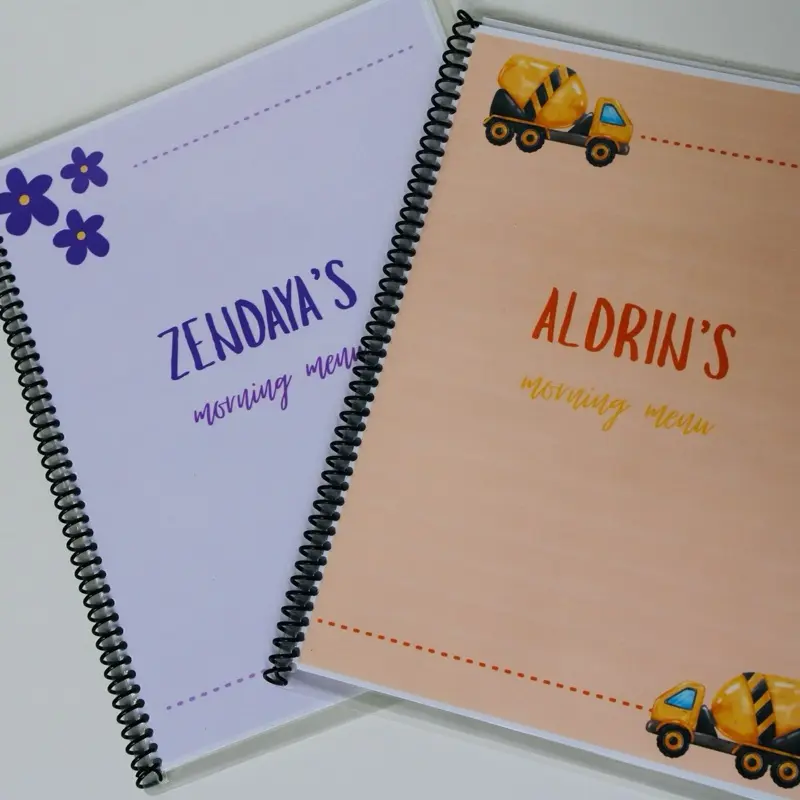 Morning Menu - Personalized Spiral Notebook with Fun Truck Design and Purple Flower Accents  (Names provided are Examples)