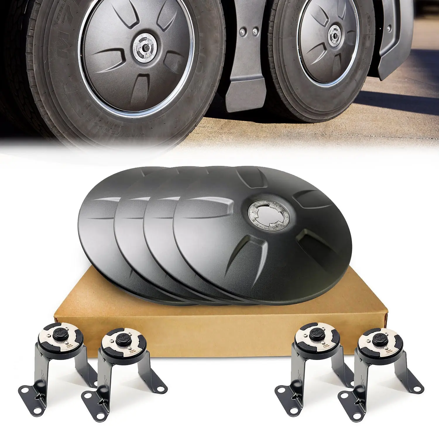 TORQUE 22.5" Aerodynamic Aero Wheel Covers Axle Cover Caps Kit for Semi Truck Tractor Trailer, Twist & Lock, Black ABS Plastic Rear (Universal Fit) (TR587-TWC)