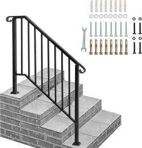Handrails for Outdoor Steps, 3-4 Step Stair Hand Rail Kit, Transitional Carbon Steel Railings with Installation Kit, Stair Rails for Seniors, Concrete Steps & Porch & Deck, Black Retro Arch