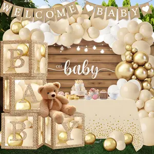 Boho Baby Shower Decorations - BOHO Balloon Arch Kit, Rustic Farmhouse Style Transparent Baby Boxes with Letters, Welcome Baby Banner, Backdrop Tablecloth for Gender Reveal