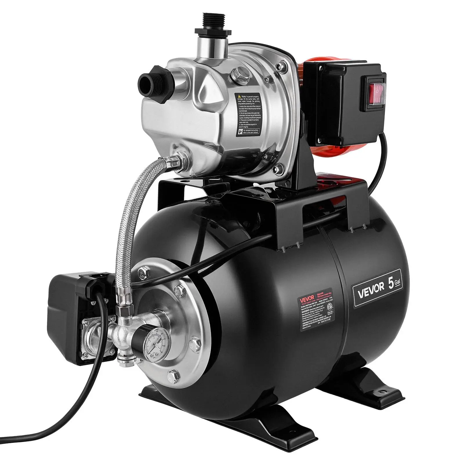 VEVOR 1HP Motor Stainless Steel Shallow Well Jet Pump with 5-Gal Pressure Tank, 120V 3750 LPH Auto Boost System, 20/40 PSI Switch, Corrosion Resistance, Overload Protection, Less Pump Cycling, for Home Lawn & Garden Irrigation (Feet/Meters Compatibility)