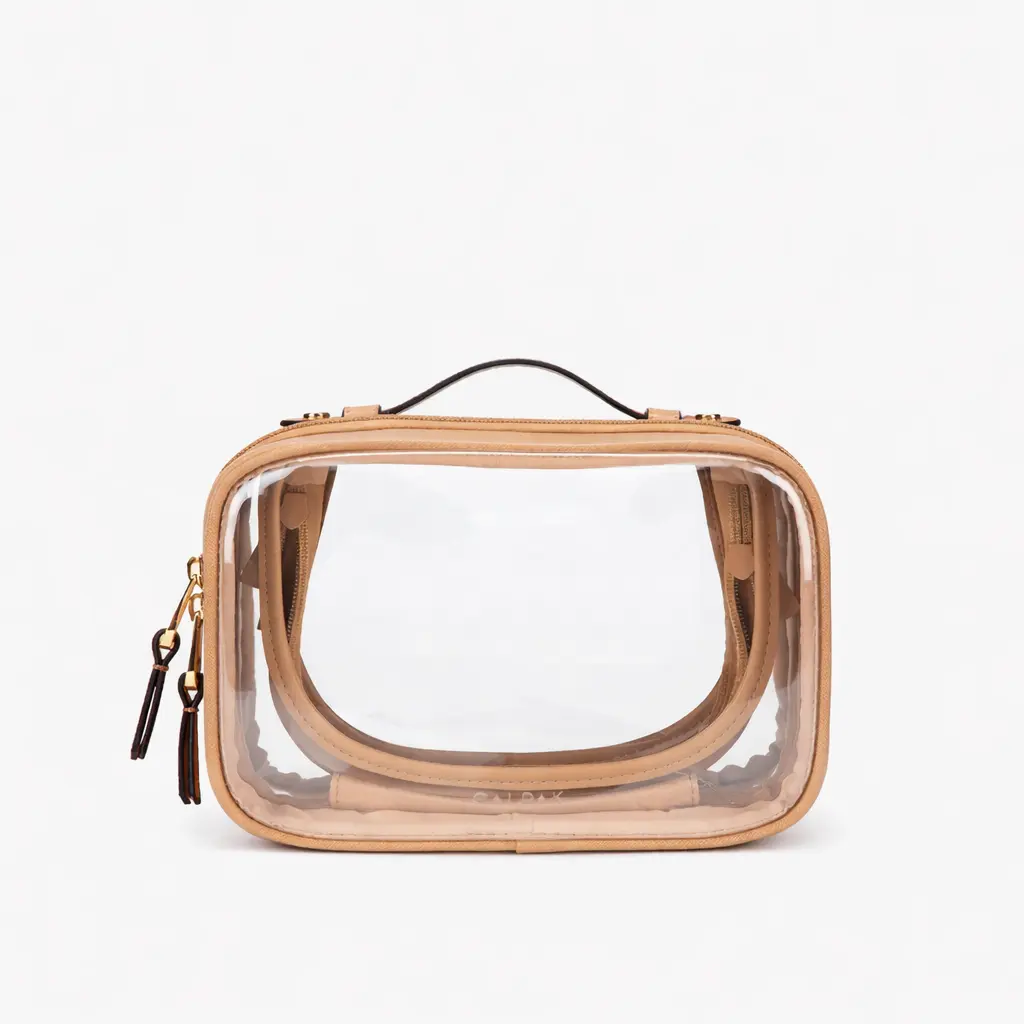 Small Clear Cosmetic Case for Travel – Double Layer Makeup Organizer Bag (Caramel, Waterproof & Structured)