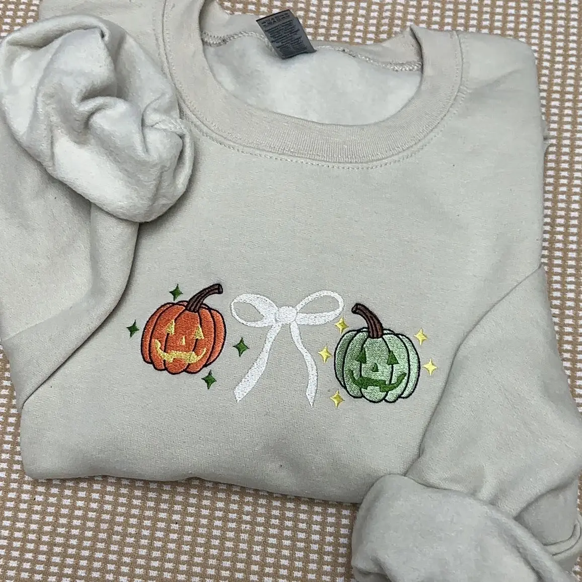 Coquette pumpkins and bow spooky season Pullover Womenswear Sweaters embroidered Sweatshirt, Halloween sweatshirt, spooky season sweatshirt, spooky season, spooky szk, spooky cats, cats sweatshirt, Halloween crewneck