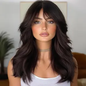 SMILCO/20Inch Deep Brown Medium Wavy With Bangs Synthetic Wig for Daily/SM415