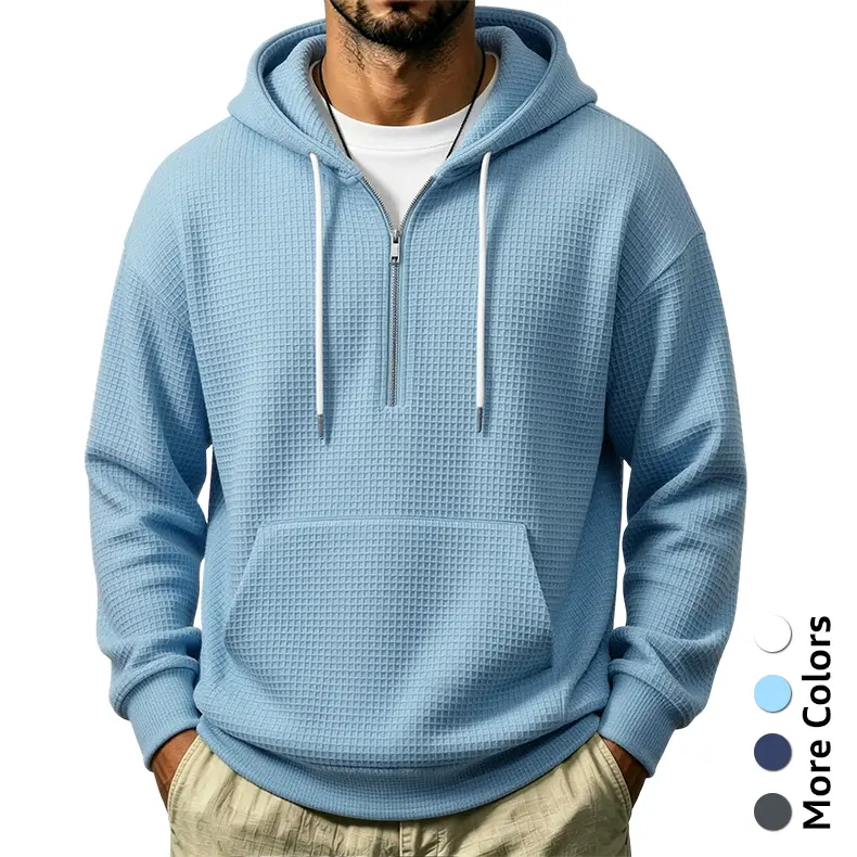 Men's Streetwear Half-Zip Waffle Knit Long-Sleeve Polyester Hoodie - Casual Plain Pullover Sweatshirt with Kangaroo Pocket, Half Zip Neck
