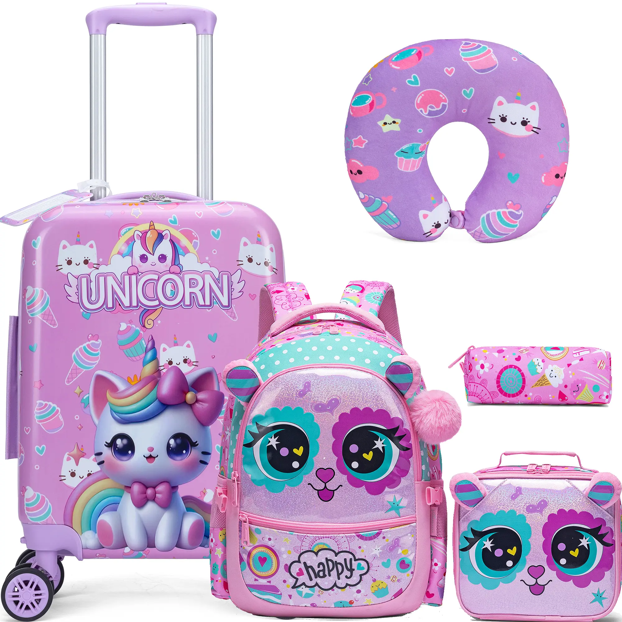 Unicorn Cat Kids 5PCS Travel Set - Hard Shell Luggage, Backpack, Lunch Bag, Pencil Case & Neck Pillow | Cute Rainbow Kids Luggage Set