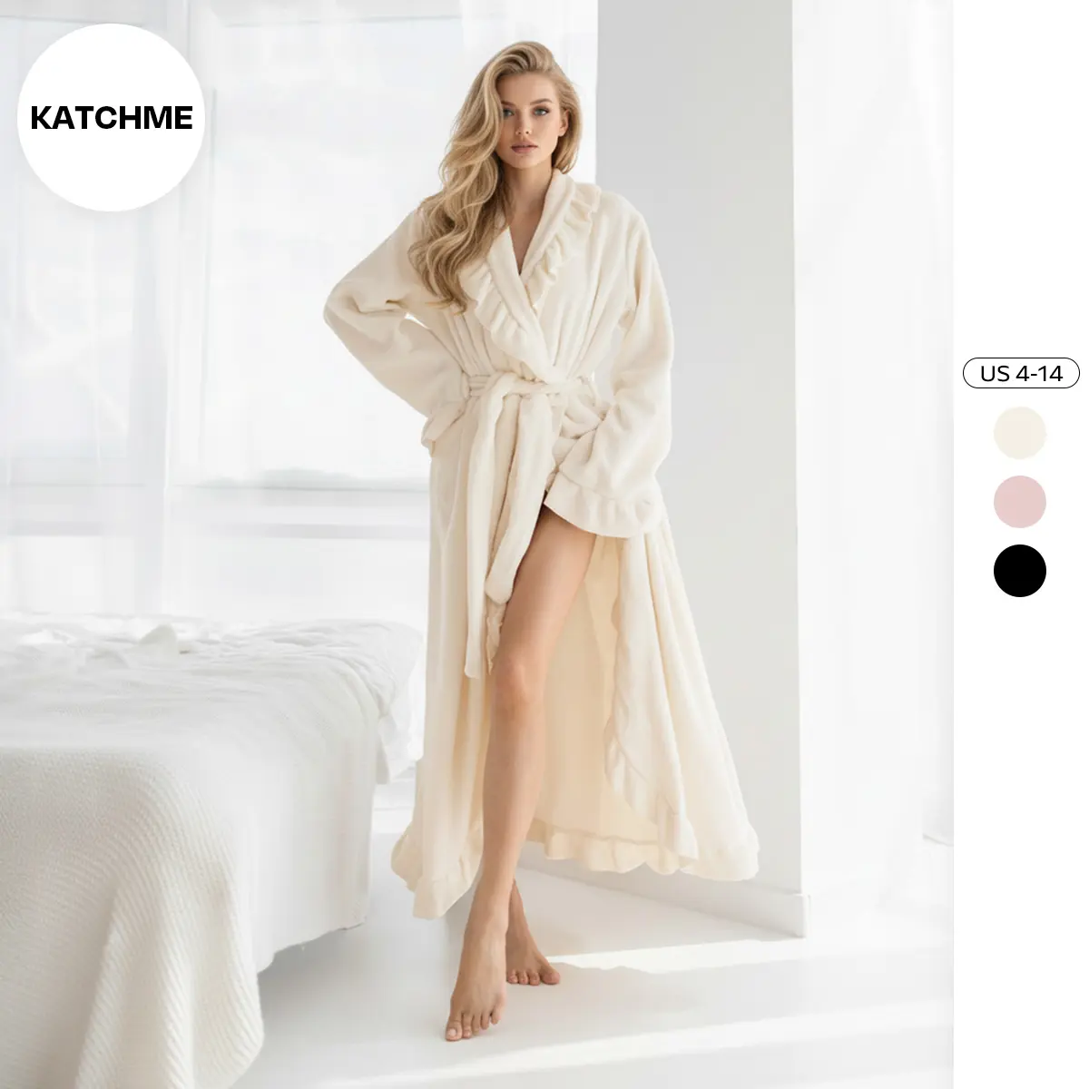 KatchMe Women's Basic Winter Thermal Solid Color Flounce Waist Tie Side Pocket Wrap Robe, Cozy Sleepwear & Loungewear, Soft Long Sleeve Homewear