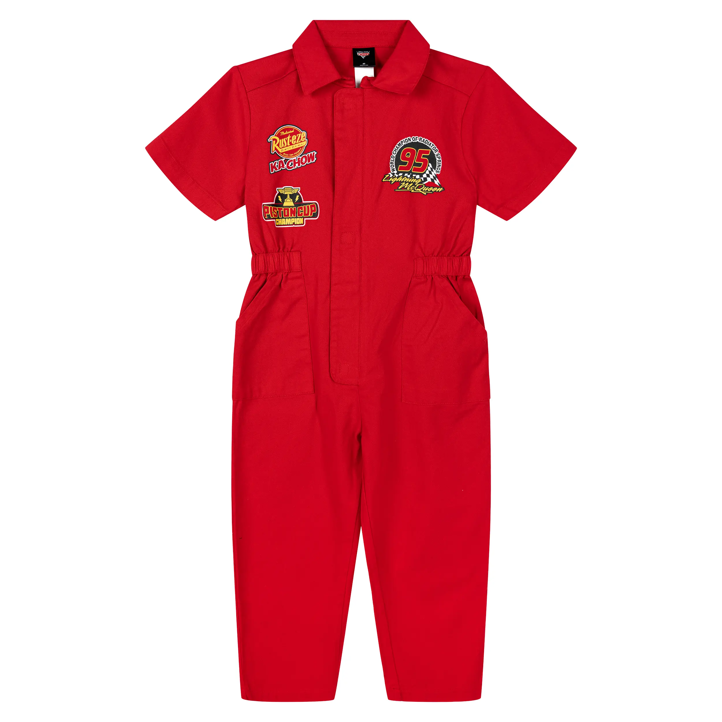 Disney Cars Lightning McQueen Racing Jumpsuit for Boys, Graphic Print Cotton Twill Coverall, Short Sleeve Playtime Wear with Elastic Waist & Zip Front, 3-4 Years, Costume Look, Hidden Zipper, Racing Graphics, Soft Cotton, Character-Inspired Boys' Jumpsuit