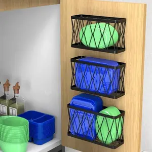 3-Pack Adhesive Cabinet Organizer Storage - Wall-Mounted Lid Organizer Pantry Door Holder for Tupperware Lids, Kitchen Wall Under-Sink Basket, Slim Space-Saving Design, Black Stainless Steel