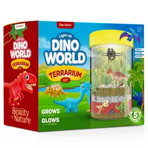 Dan&Darci Light-Up Dinosaur Terrarium Kit for Kids DIY Mini Garden with Soil Seeds & Glowing LED Lid Creative STEM Fun
