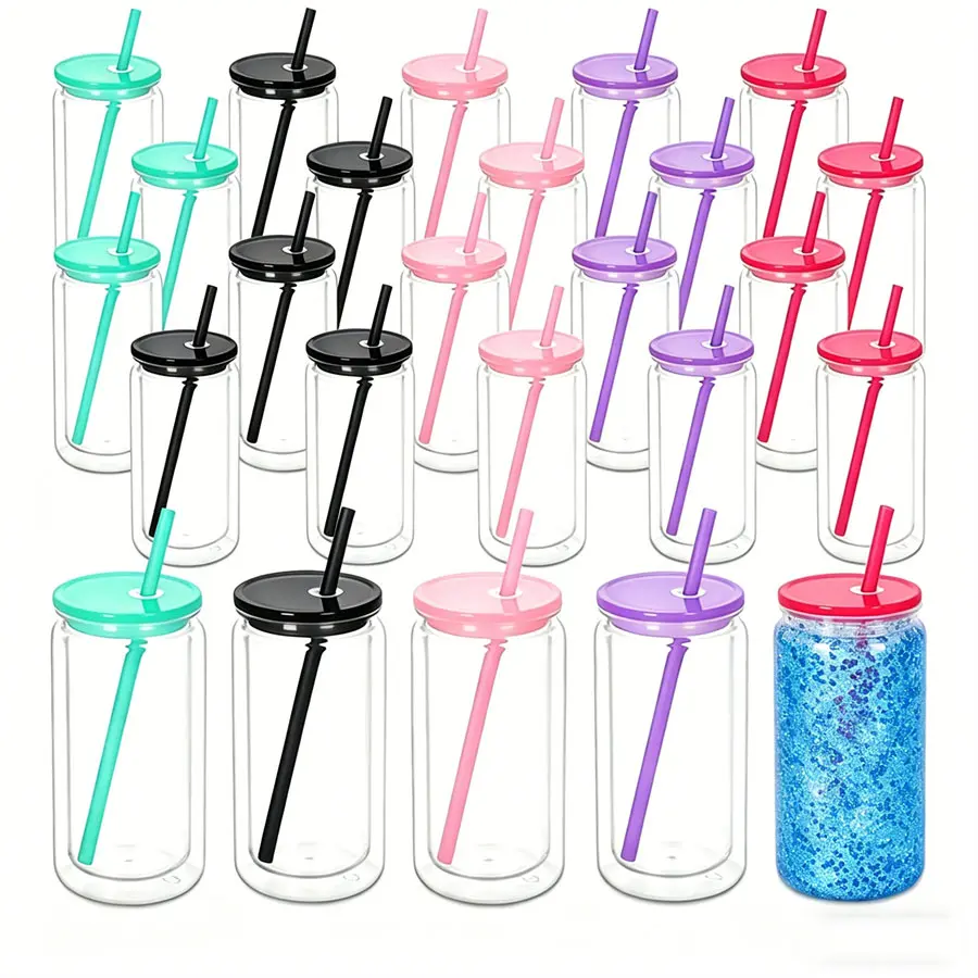 50 PACK 16 oz Plastic Snowglobe Cups Pre-Drilled, Double Wall Plastic Can Shaped Acrylic Snow Globe Tumbler Pre Drilled with Lid and Straw for Snow Globe Glitter DIY Gift Bottles Drinkware snow glitter diy