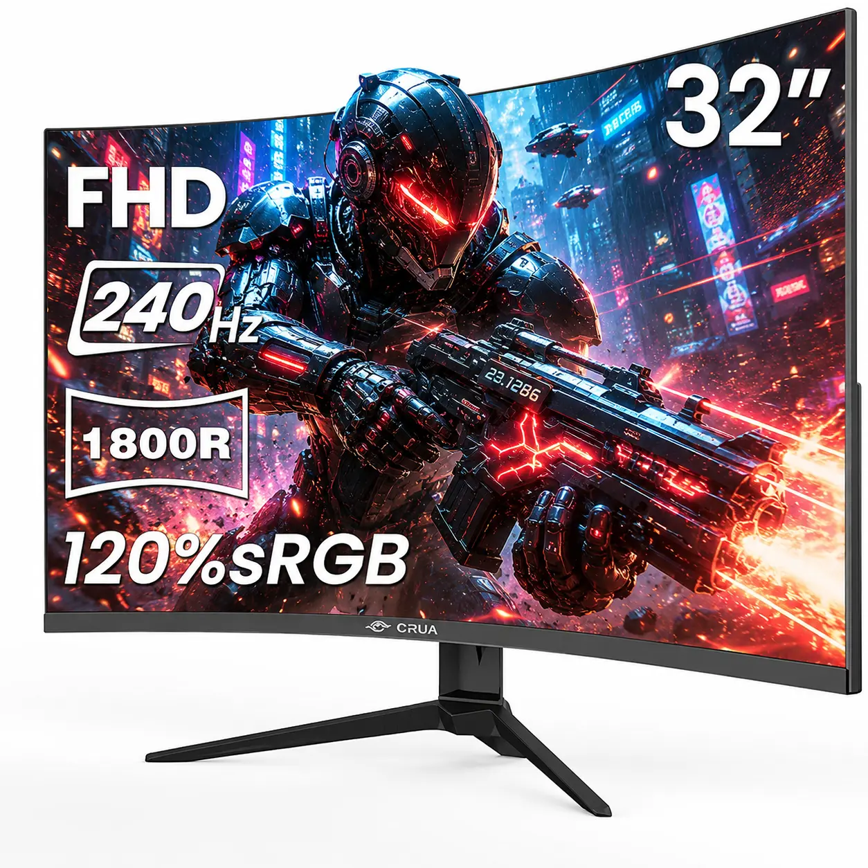 CRUA 32" Black Curved Full HD 1080P Gaming Monitor - VA Screen, 1800R Curvature, 240Hz Refresh Rate, AMD FreeSync, 120%sRGB, 3500:1 Contrast, Low Blue Light, HDMI 2.0/DP 1.4, 100x100mm VESA Wall Mount for PC Gaming, Gamer Stuff