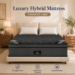 FANSACE 12/16 Inch King Size Hybrid Mattress in a Box, Fiberglass-Free Euro Top Mattress, Cooling Gel Memory Foam, Pocket Spring Support, Medium Firm, Strong Edge Support, Breathable Comfort, Temperature Neutral Mattress