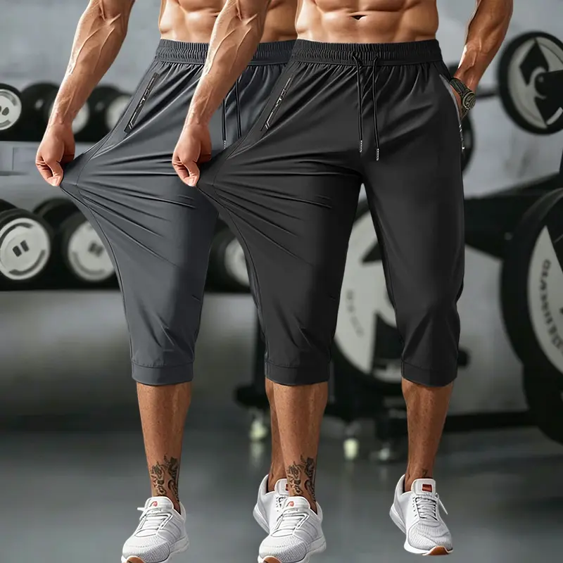 Men's 2-Pack Ice Silk Cooling Quick-Dry Dry-Fit Mid-Length Athletic Shorts, 3/4 Tapered Leg Opening, Elastic Waistband With Drawstring, Suitable For Gym Workouts & Casual Wear, Dry-Fit Men's Shorts