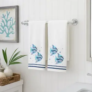 Coastal Bathroom Hand Towels – Set of 2 White 100% Cotton Embroidered Bubble Fish Design – 25 x 16” Decorative Bath & Kitchen Towels
