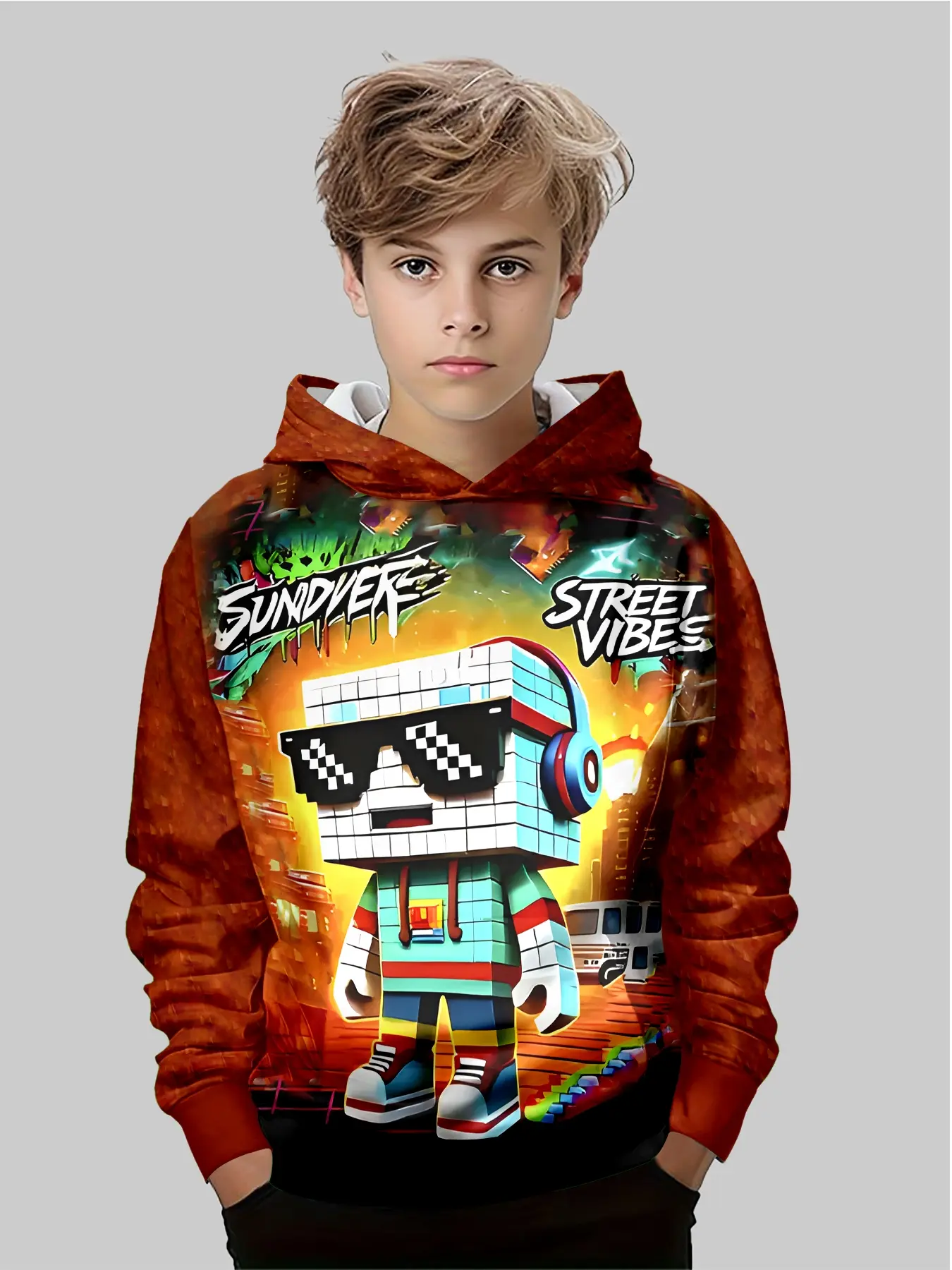 Cartoon Robot Print Hoodie for Boys, Fun Style, Anime Theme Scene ...
