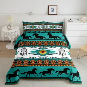 Boho Comforter Set,Southwestern Native Aztec Comforter,Bohemian Dream Catchers Bedding Set,Horses Duvet Set,Room Decor Azure Quilt Set
