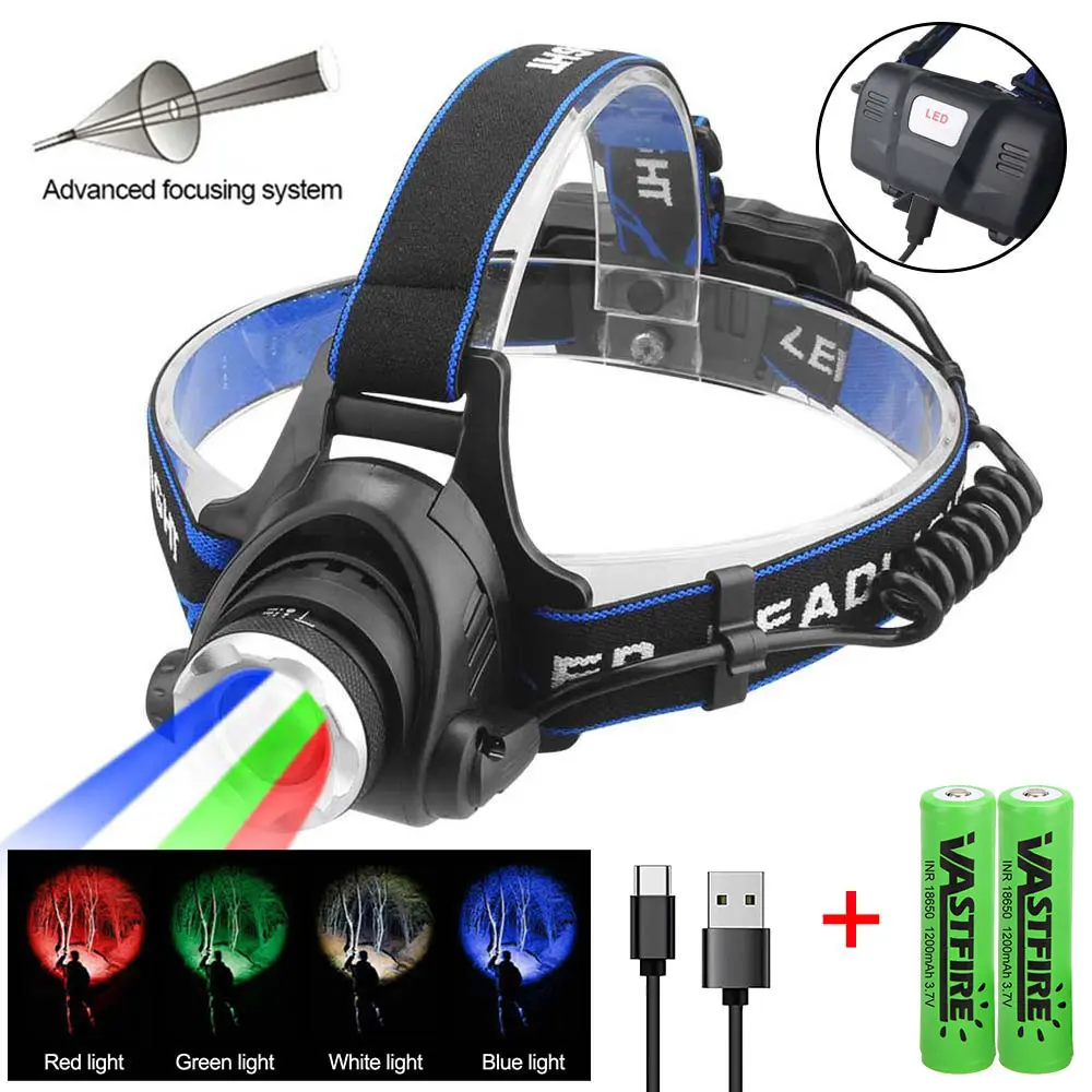 VASTFIRE RGBW LED Headlamp Flashlight - Super Bright, 4-Color Zoom Lens, Aluminum Alloy Build, Adjustable Focus & Angle, Waterproof Rechargeable Compact Outdoor Gadgets Camping Accessories for Emergency Use