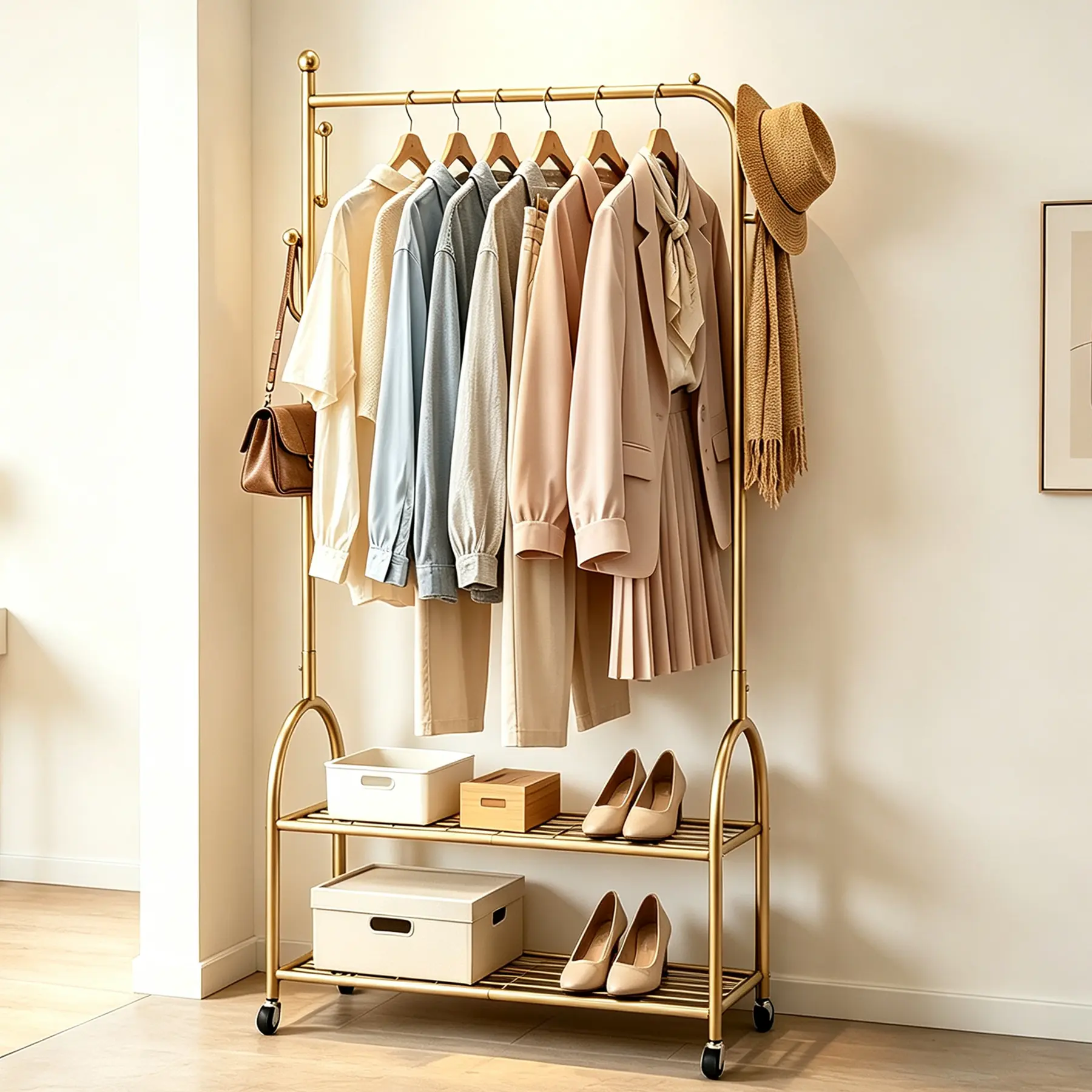 Multifunctional coat rack with storage shoe rack organizer Shelves 360° movable rotation｜Bedroom and living room storage artifact｜Hanging clothes/hats/bags/scarves｜Space-saving and stylish home｜Home Essential｜Organizer｜Garment Rack Hangable Laundry Rack