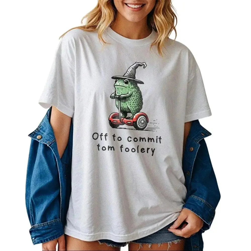 Whimsical Frog Wizard Off to Commit Tomfoleri Funny TShirt, Funny Frog Witch Shirt, Off to Commit Tom Foolery, Wizard Frog Funny Meme Shirt