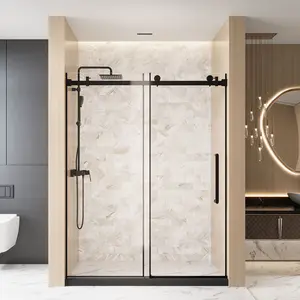 48" x 76" Frameless Single Sliding Shower Door with 1/4" (6mm) Clear Tempered Glass & Explosion Proof Film | Matte Black Stainless Steel Handle, Square Tube Track | Modern Sliding Bathroom Shower Door