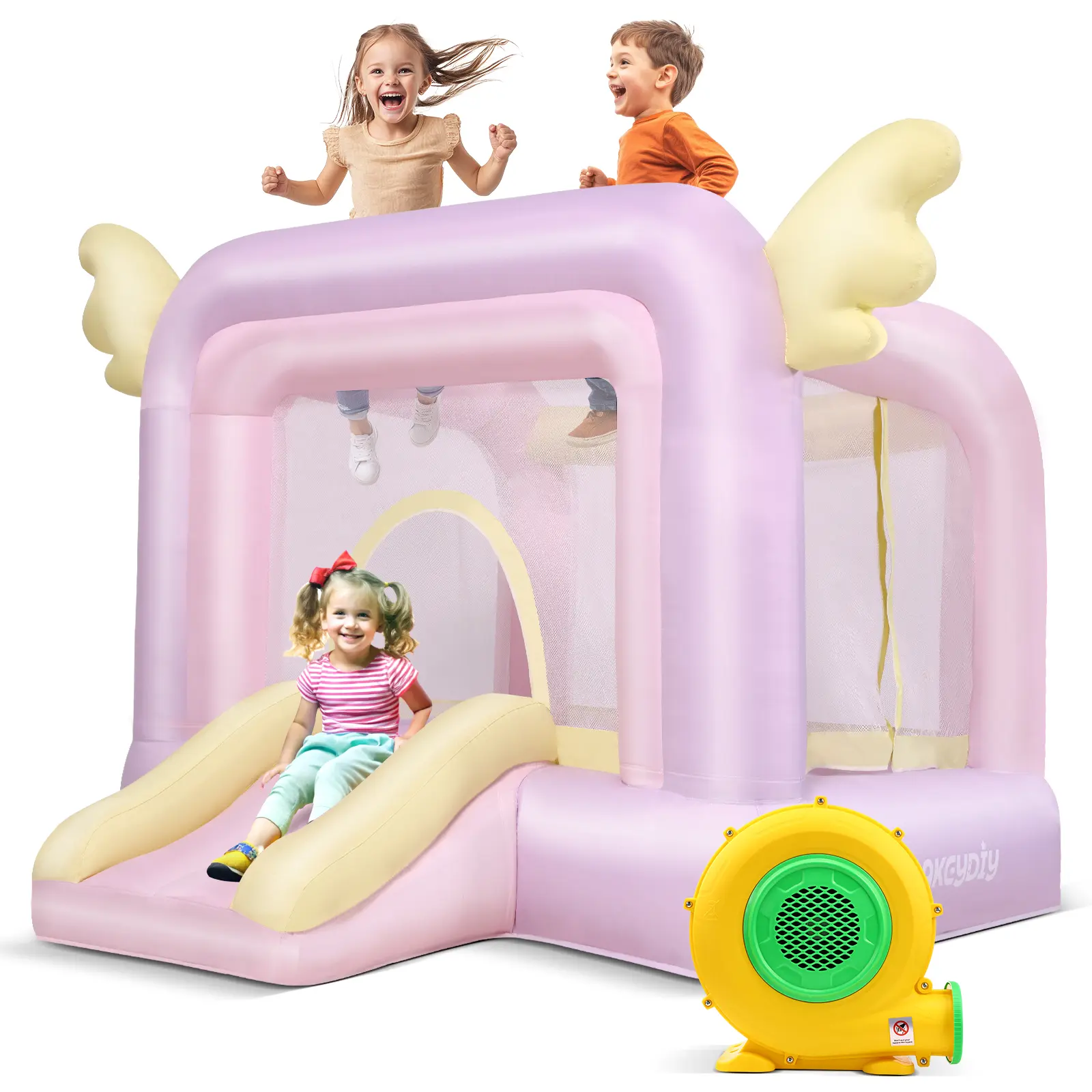 Whubefy Bounce Houses with Wings,Indoor or Outdoor Pink Purple Playhouse Castle Theme Bouncer with Blower, Durable and Easy to Set Up, Safe and Fun for Kids Birthday Party,Gifts for kids