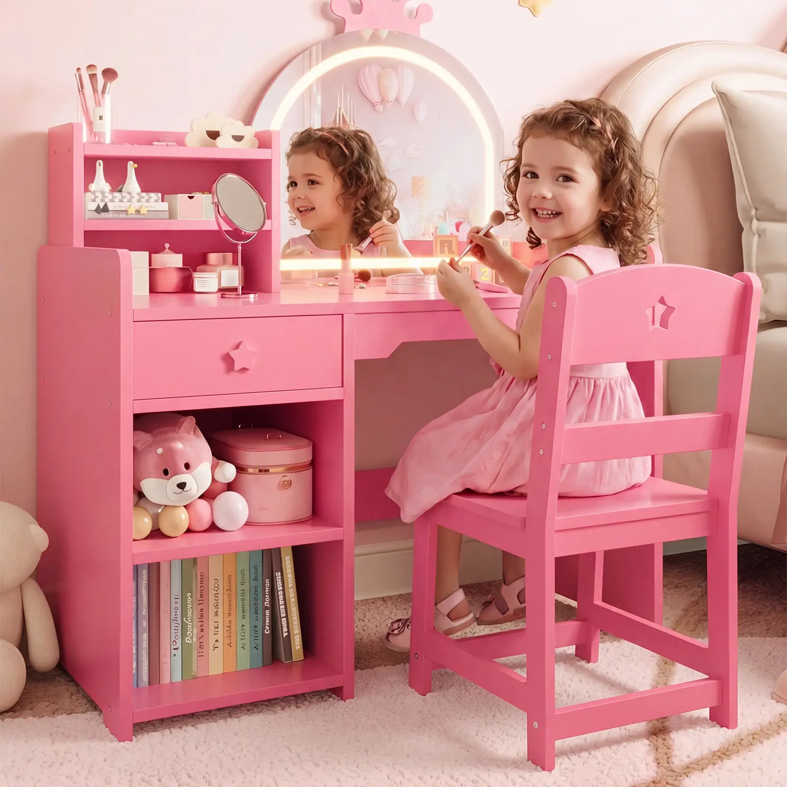 Kids Vanity with Lights, 2-in-1 Princess Makeup Desk & Chair Set, Open Bookshelf, Storage Cabinet & Shelves for Little Girls, Pink Wooden Table