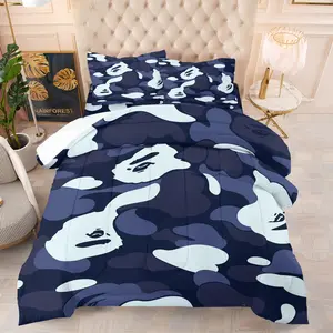 Military-Inspired Navy Blue Camo Ape Head Comforter Set - Durable Material Comfy Bed Sets Supplies, 1 Quilt + 1/2 Pillowcases, 3D Printed Streetwear Bedding for Bedroom Decor Gift, Available in Multiple Sizes