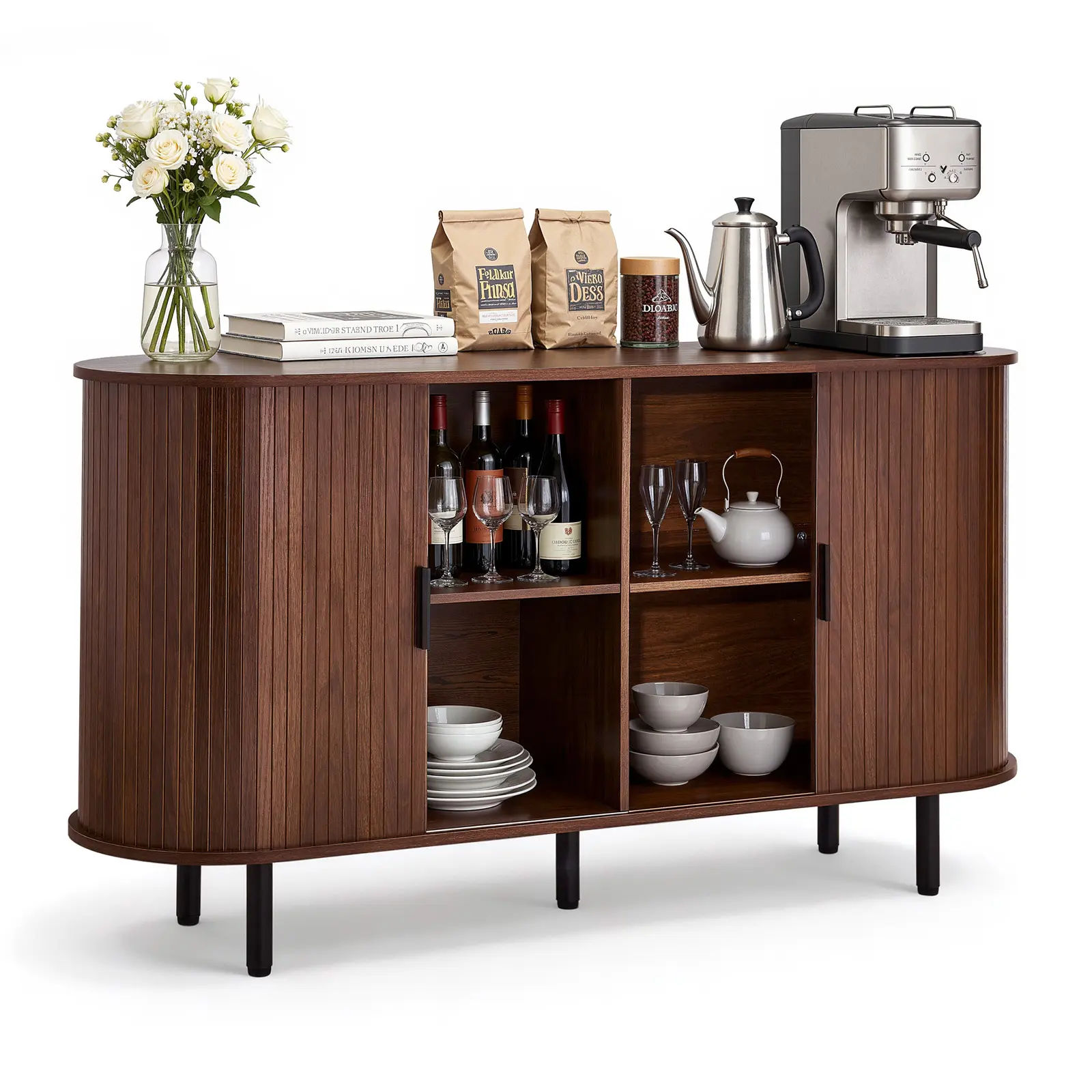 VEVOR Adjustable Walnut Mid-Century Fluted Modern Bar Cabinet - Particle Board Buffet Cupboards Sideboard with 2 Sliding Doors, Hidden Storage & Coffee Bar Station (55.1x15.7x29.5in, 22lb) for Living Room, Cabinet and Storage Solution, Father's Day Gift