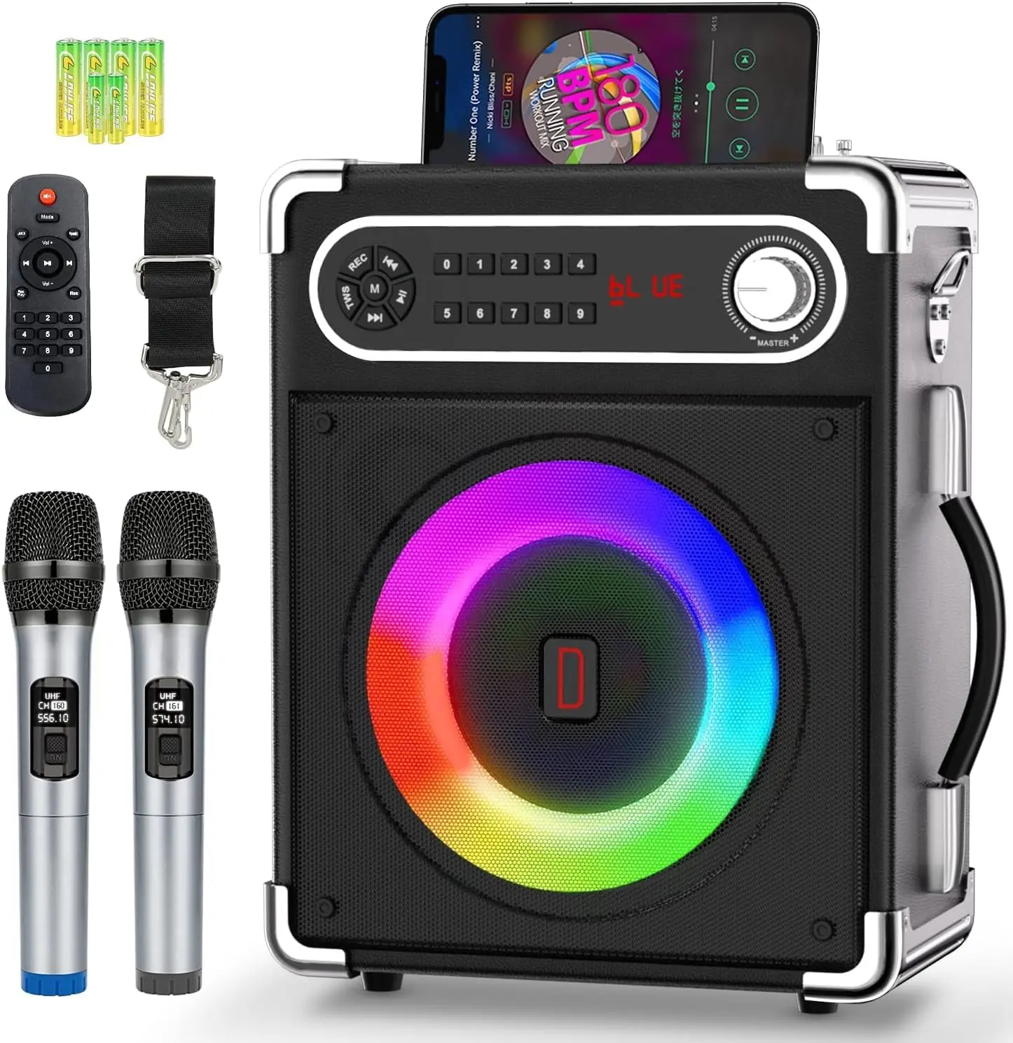 Karaoke Machine with 2 Wireless Microphones,Portable Bluetooth 5.1 Speaker for Adults Kids,Bass/Treble Adjustment,PA System with Remote Control, Lights, Supports TF Card/USB, AUX in,TWS,FM,REC Party Audio Rechargeable Devices Digital Durable Radio Stereo
