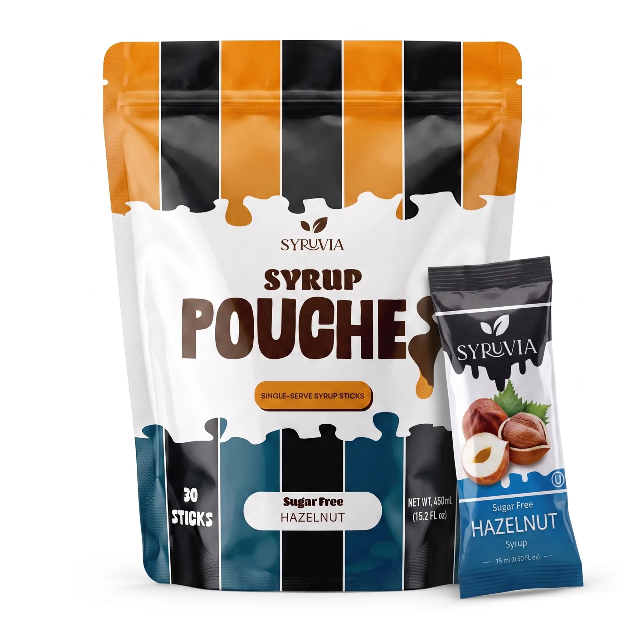 Syruvia Sugar Free Hazelnut Syrup Pouches, Coffee Syrup Sticks for Coffee, Tea, Lattes & Desserts, 30 Count (15 mL Each)