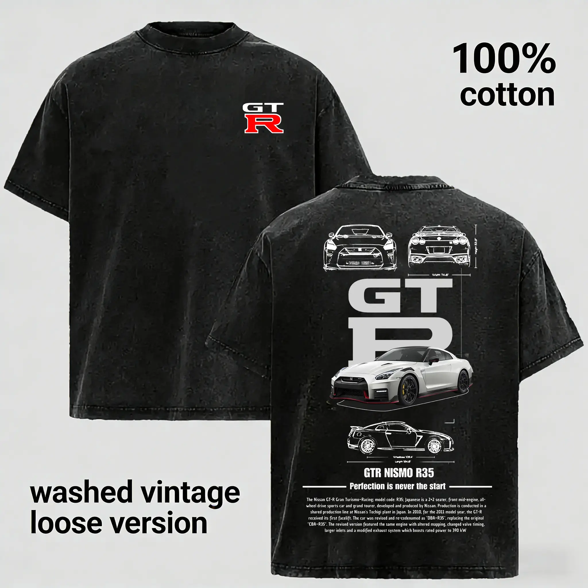 Vintage Washed GTR R35 Graphic Tee Unisex Oversized Streetwear T-Shirt Premium Cotton JDM Racing Car Enthusiast Retro Casual Top Y2K Drift Culture Couples Matching Auto Clothing Everyday Basic Graphic Tees For Men And Women Gamer Drift Car Apparel USA