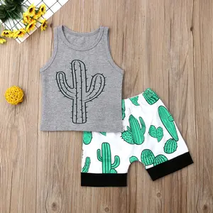 Kids Toddler Baby Boys Summer Outfits Set Cactus Printing Sleeveless Top Vest and Shorts Suit 2PCS Clothes Set