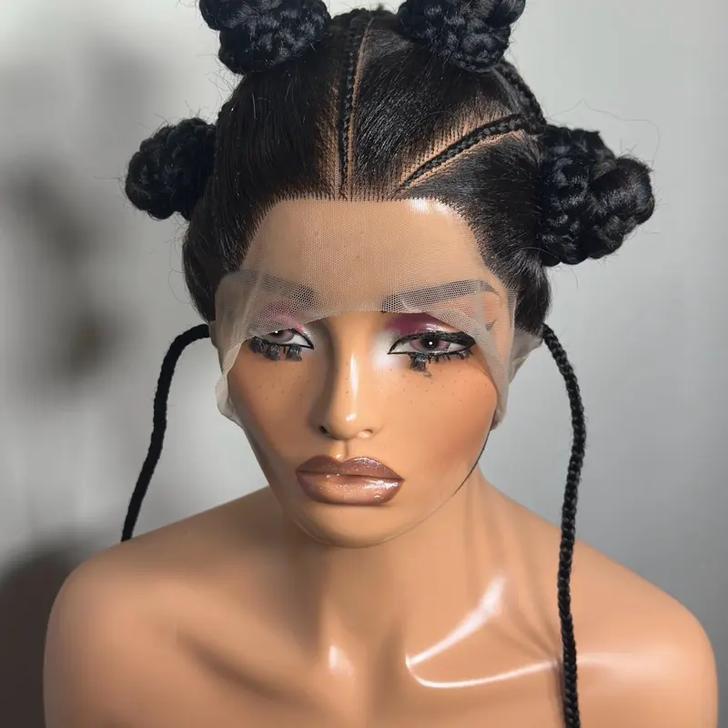 Black Bantu Knots Synthetic Braided Lace Wig, Full Lace Glueless Wig with Beads, Ideal for Braids Hairstyles, Synthetic Glueless Wigs