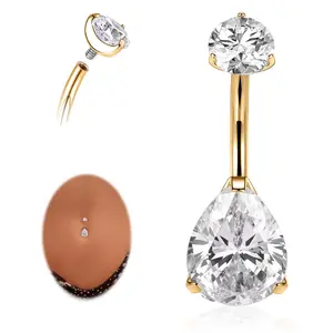 AROWRO Gold Belly Button Ring G23 Titanium Hypoallergenic 14G belly ring for Women Men Teardrop Navel Piercing Jewelry 10mm Barbell With Cubic Zircon