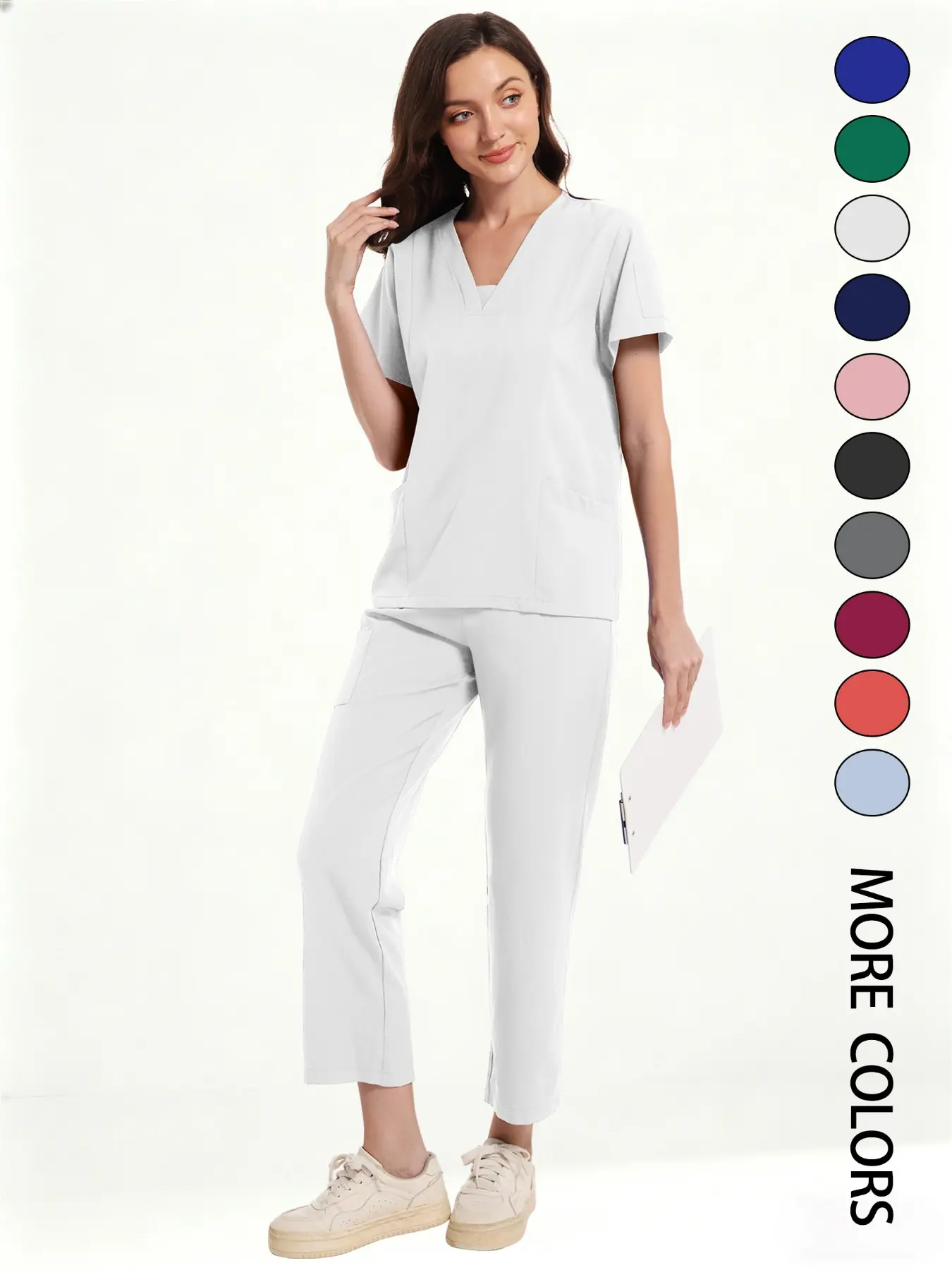 Women's Medical Short Sleeve V-Neck Multi-Pocket Uniforms Set, Nursing Scrubs, Loose Lightweight Comfortable Polyester, All Seasons, Suitable for Nurses, Doctors, Dentists and Beauty Salons, Workwear