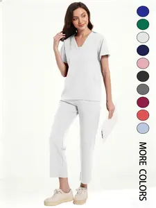 Women's Medical Short Sleeve V-Neck Multi-Pocket Set Uniforms, Lightweight Comfortable Polyester, All Seasons, Suitable for Nurses Doctors Dentists Beauty Salons, Workwear Womenswear