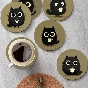 6-piece wooden coasters, black coffee pattern anti-slip coasters, home coffee table coasters, cartoon heat-resistant coasters, coffee cup and tea cup coasters, office desk anti-slip coasters, cute animal pattern coasters set
