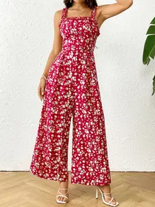 Women's Casual Loose-Fitting Wide Leg Jumpsuit with Pockets, Perfect for Daily Wear and Vacation, Stylish Bohemian Boho Floral Print Overall Womenswear Piece