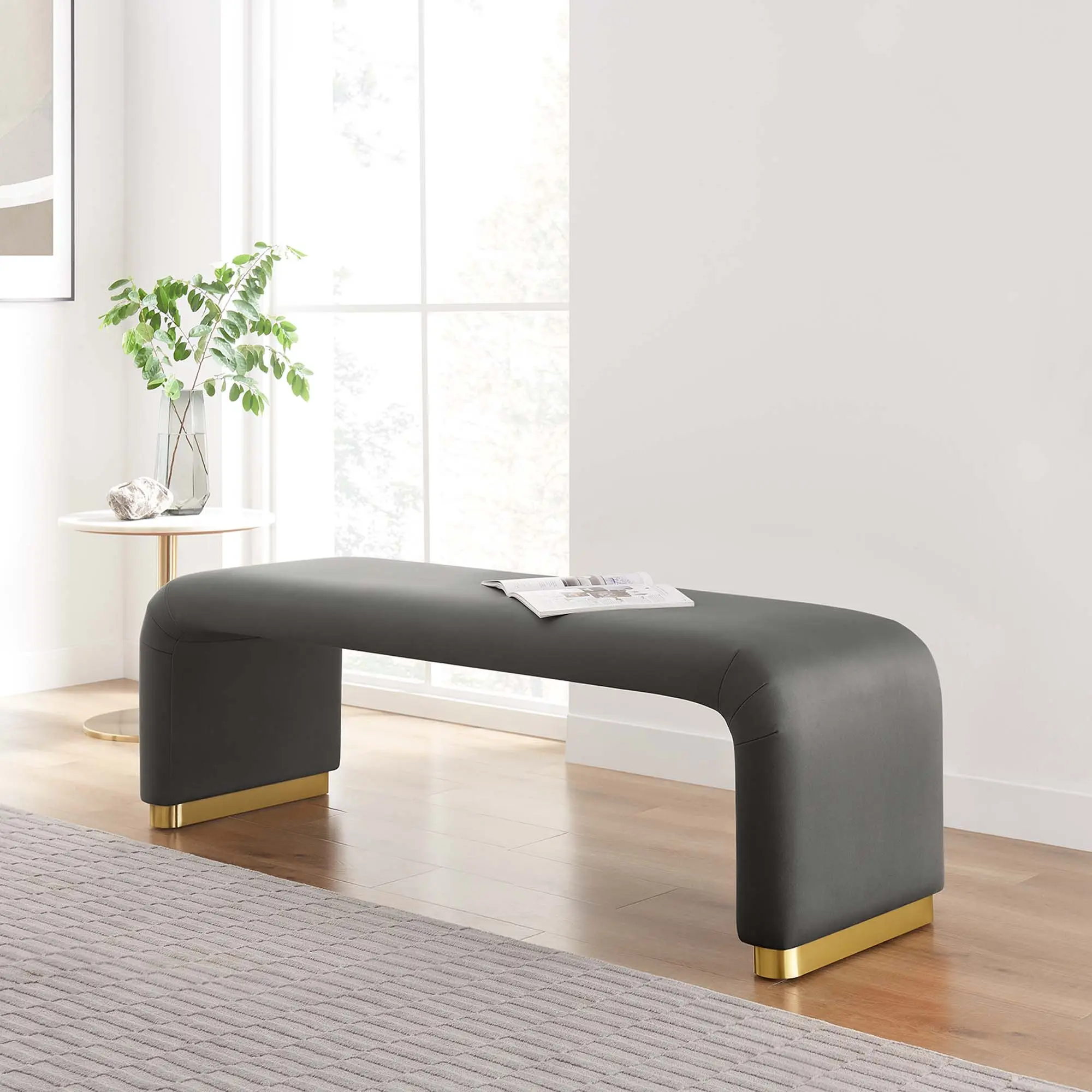 Modway Koda Contemporary Performance Velvet Waterfall Long Bench - Brass Storm Gray, Plywood Frame, Assembly Required Indoor Living Room Furniture for Lounge Spaces, Living Room Decor