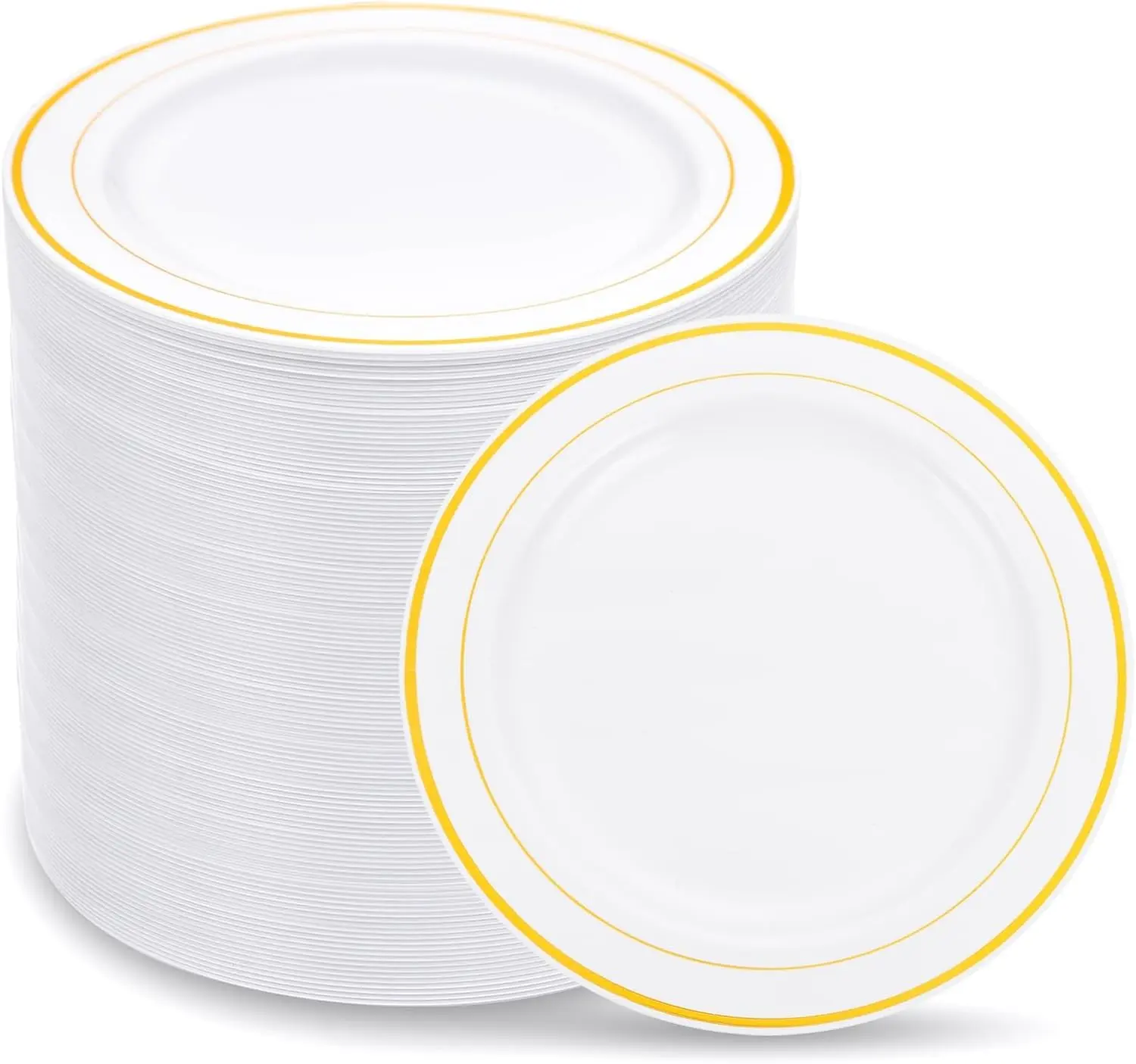 WELLIFE 144Pcs Gold Dessert Plates, 7.5 Inch Plastic Appetizer plates,  plastic Party Plates, White and Gold Plastic plate for Party and Wedding