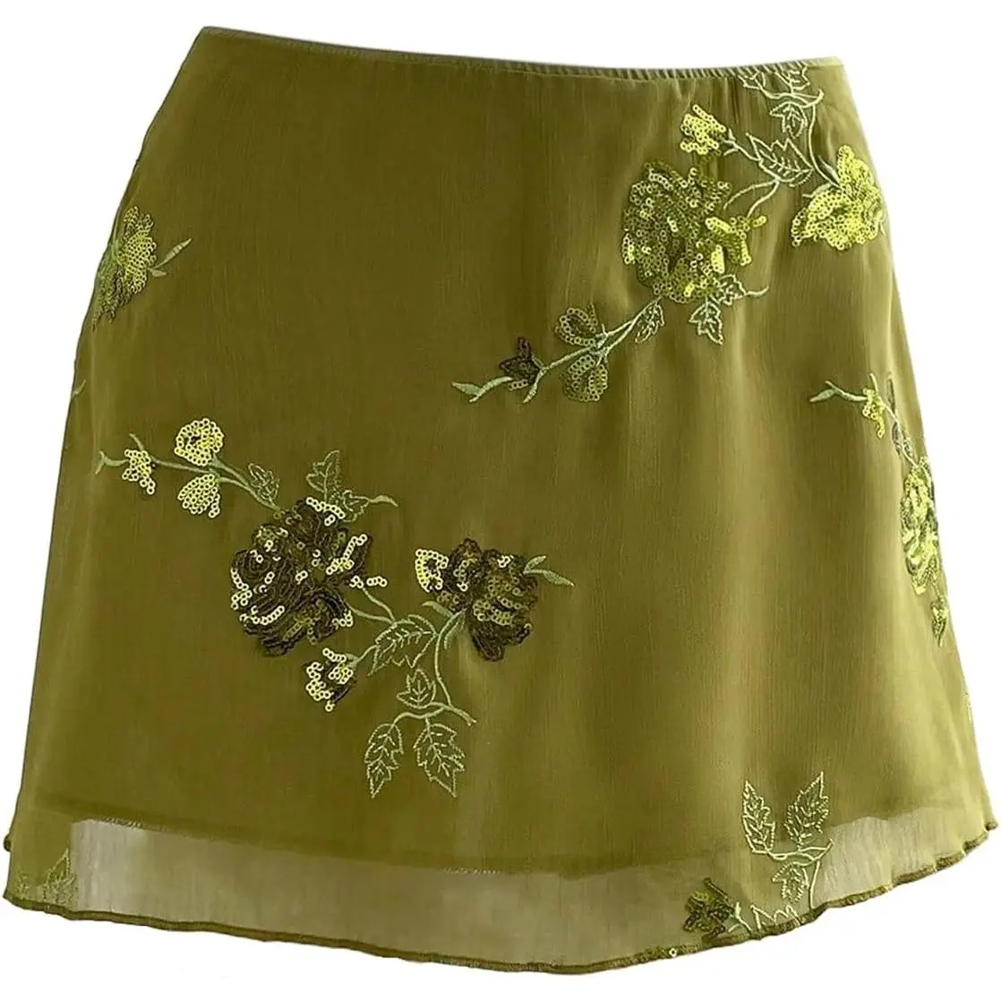 Women's Sparkly Sequin Mini Skirt Y2K Beaded Floral Embroidery Hip Skirts